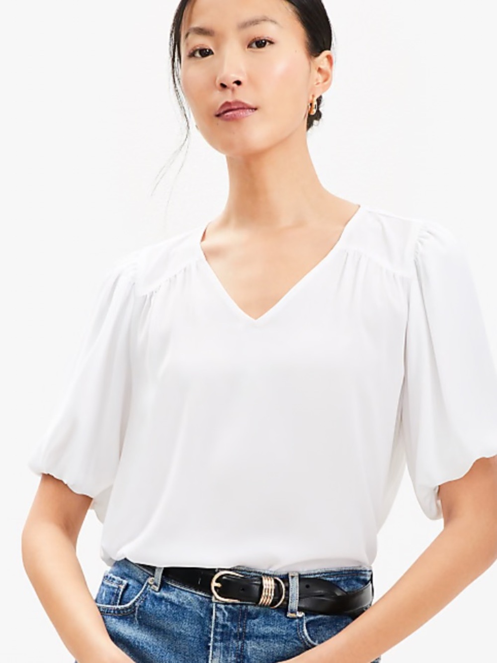 LOFT White V-Neck Puff Sleeve Blouse